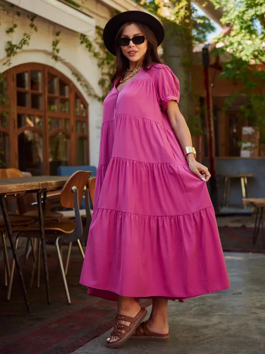 Фуксия свободное ярусное платье в стиле бохо
