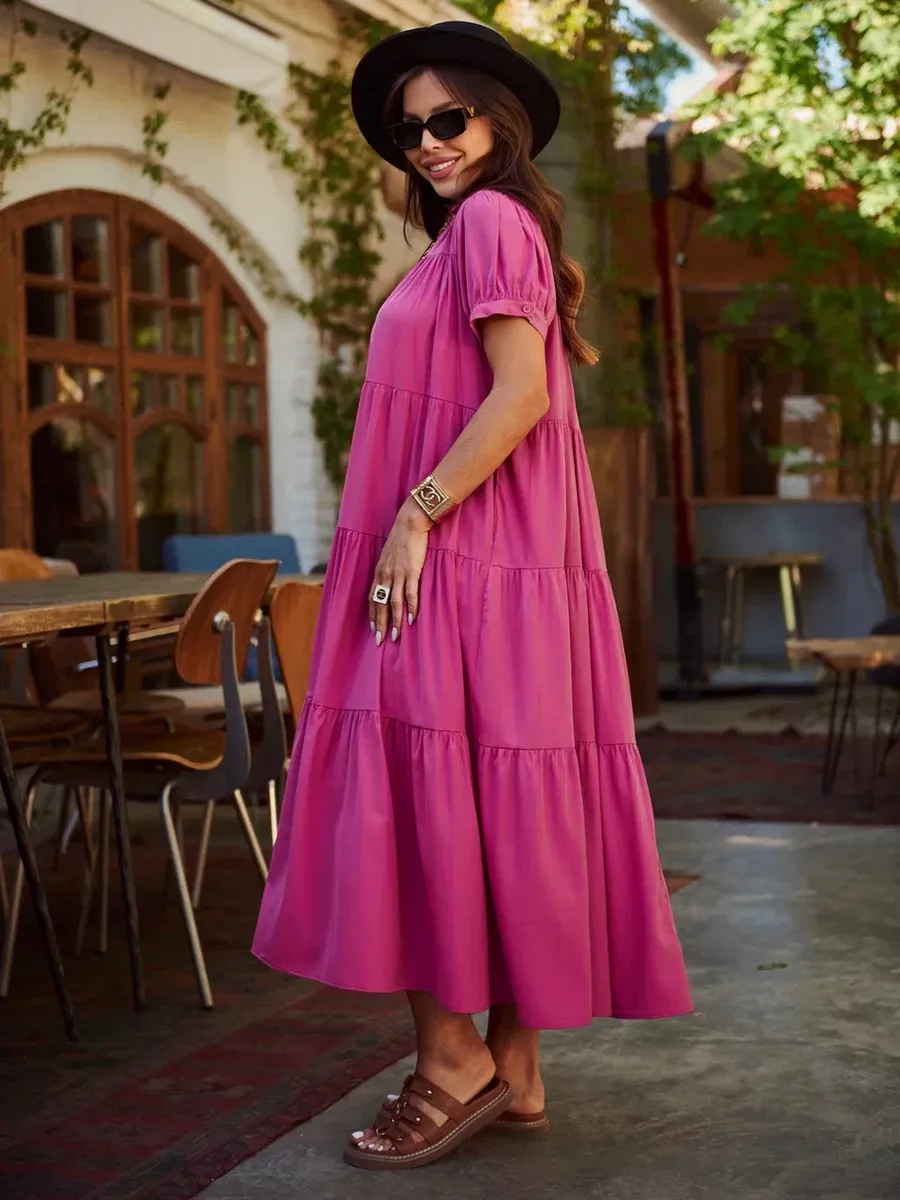 Фуксия свободное ярусное платье в стиле бохо