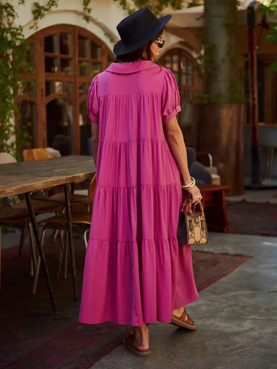 Фуксия свободное ярусное платье в стиле бохо