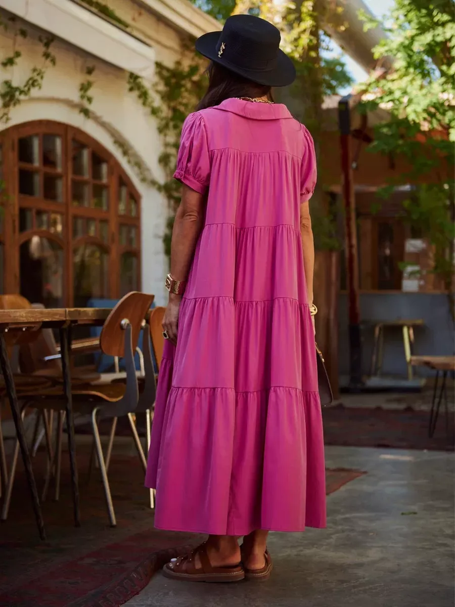 Фуксия свободное ярусное платье в стиле бохо