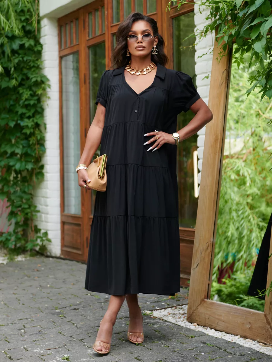 Черное свободное ярусное платье в стиле бохо