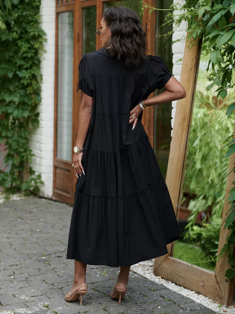 Черное свободное ярусное платье в стиле бохо