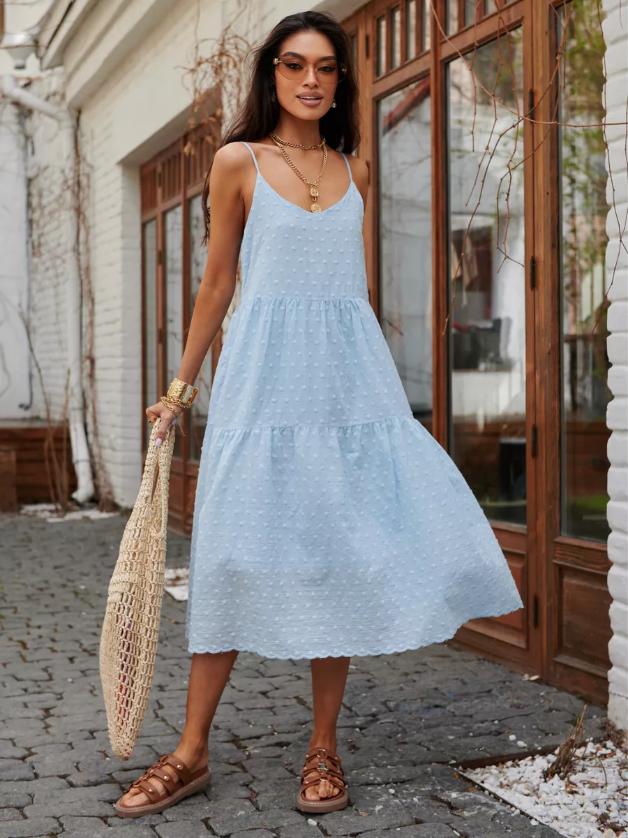 Голубое сарафан летний миди