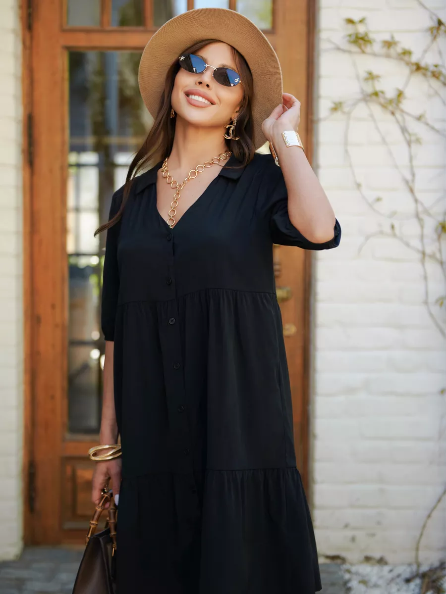 Черное платье рубашка летнее ярусное