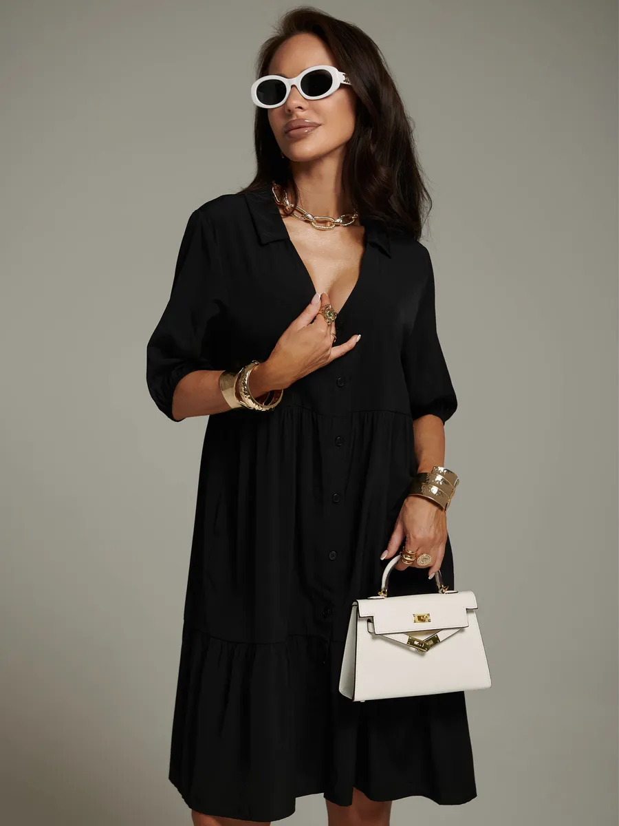 Черное платье рубашка летнее ярусное