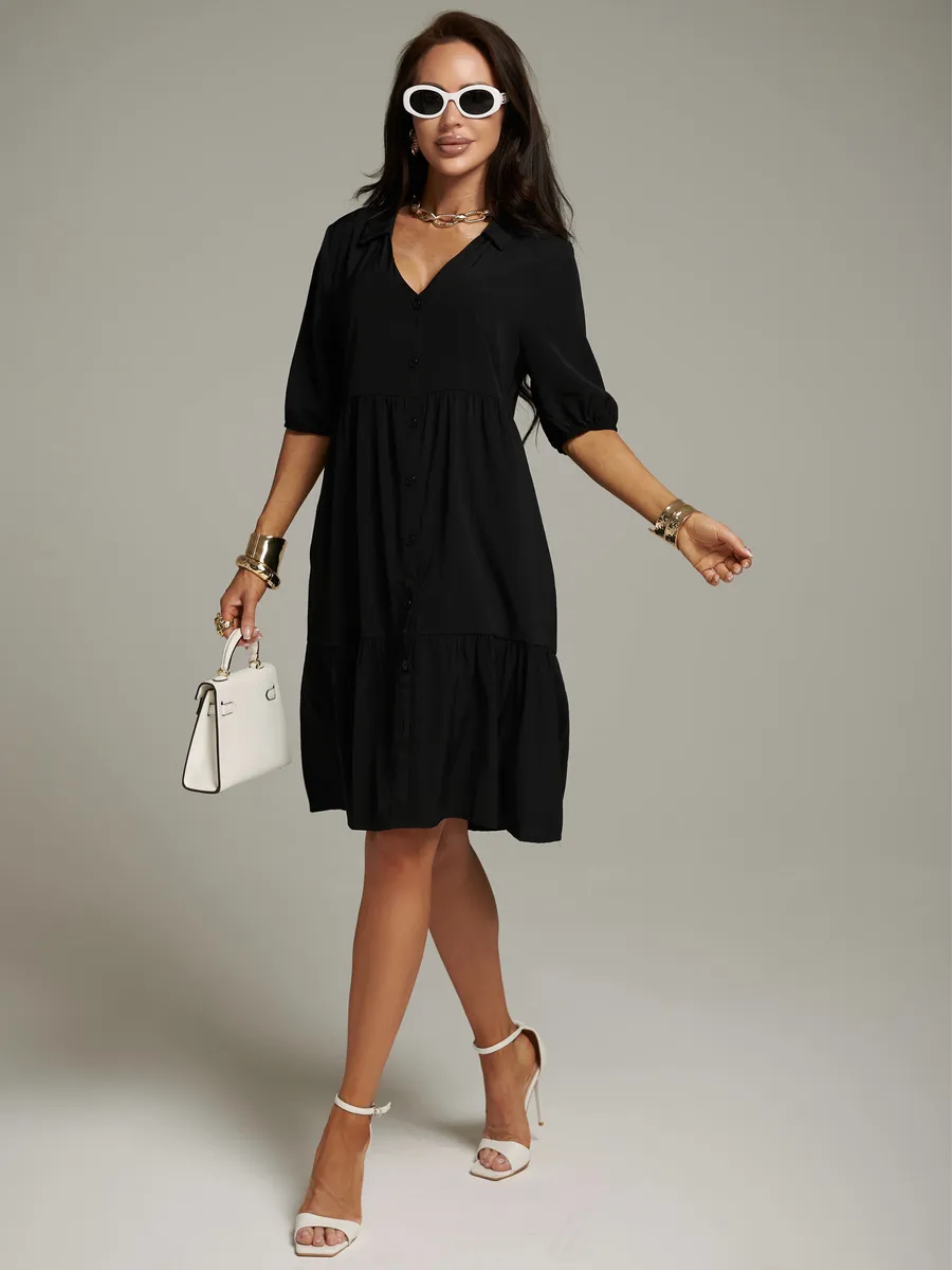 Черное платье рубашка летнее ярусное