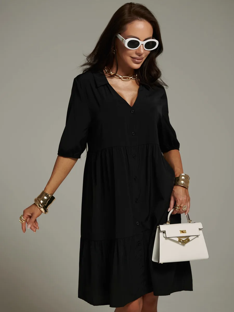 Черное платье рубашка летнее ярусное