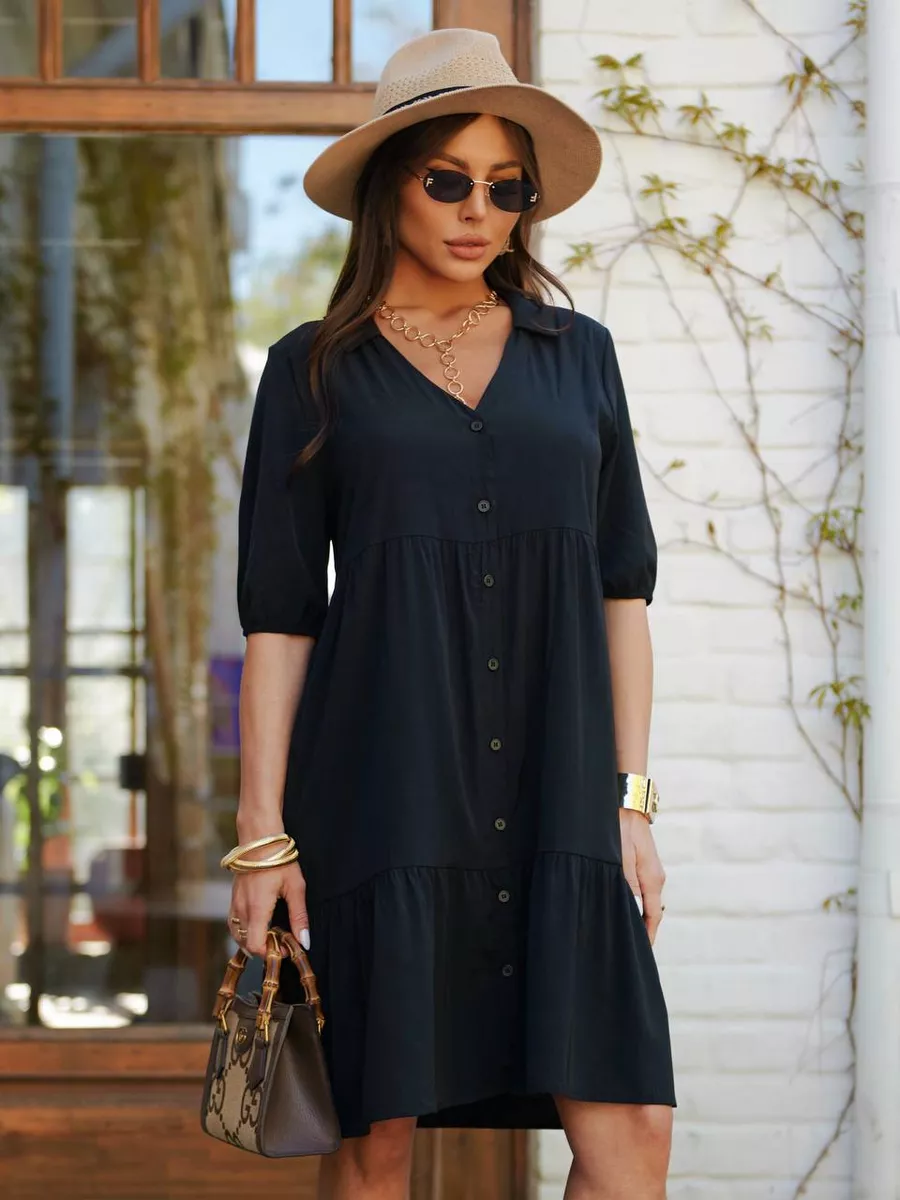 Черное платье рубашка летнее ярусное