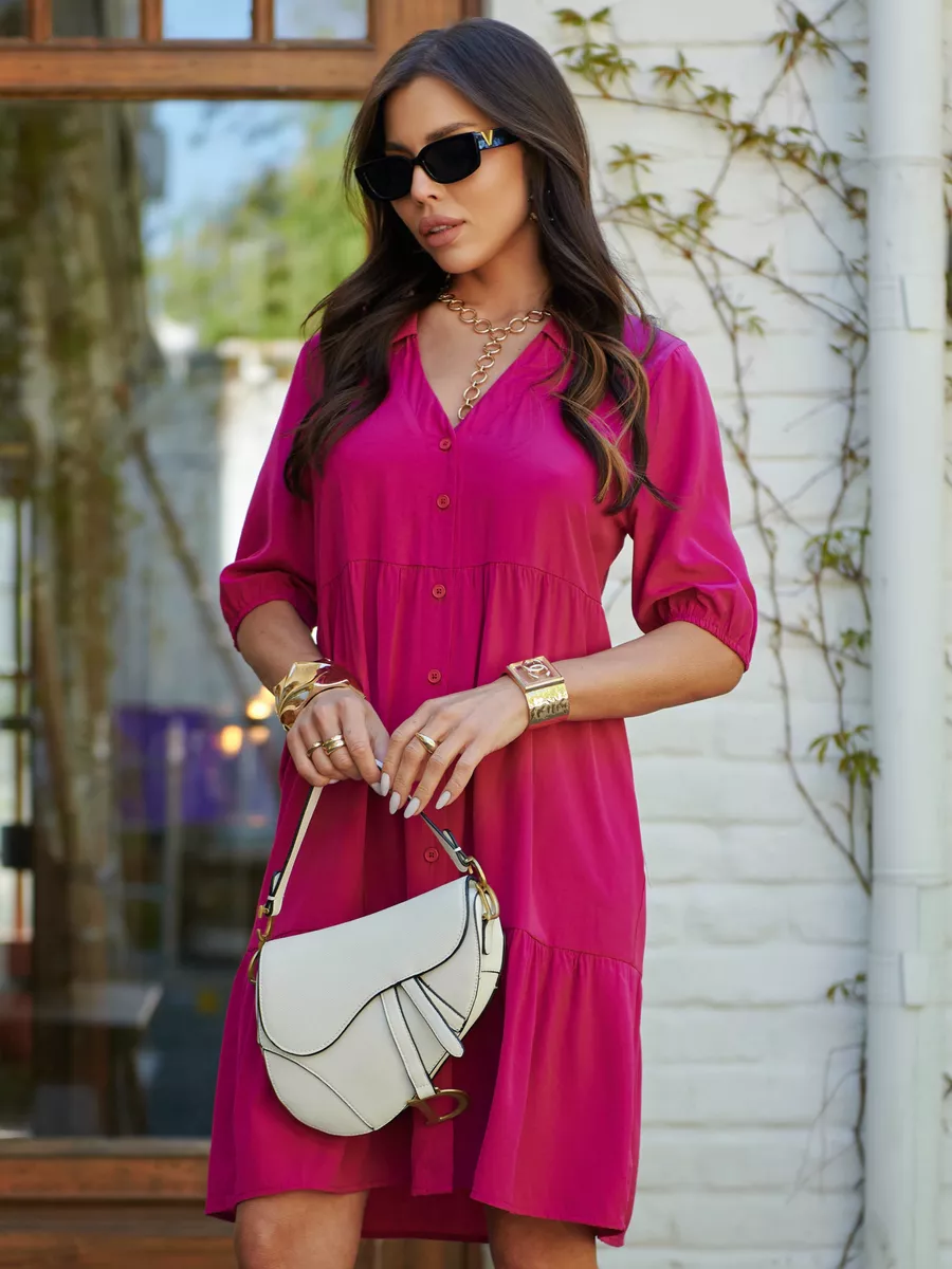 Фуксия платье рубашка летнее ярусное