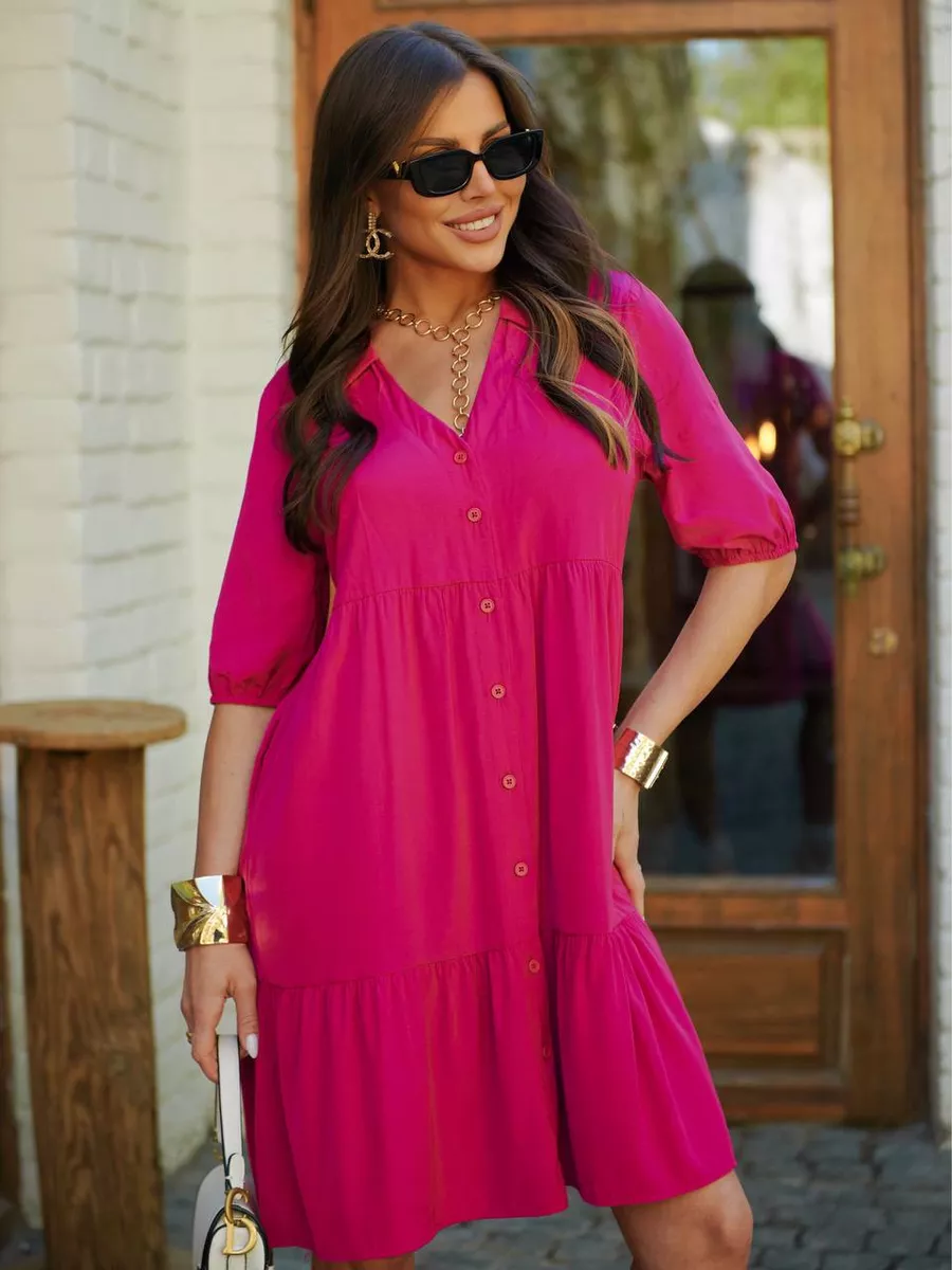 Фуксия платье рубашка летнее ярусное