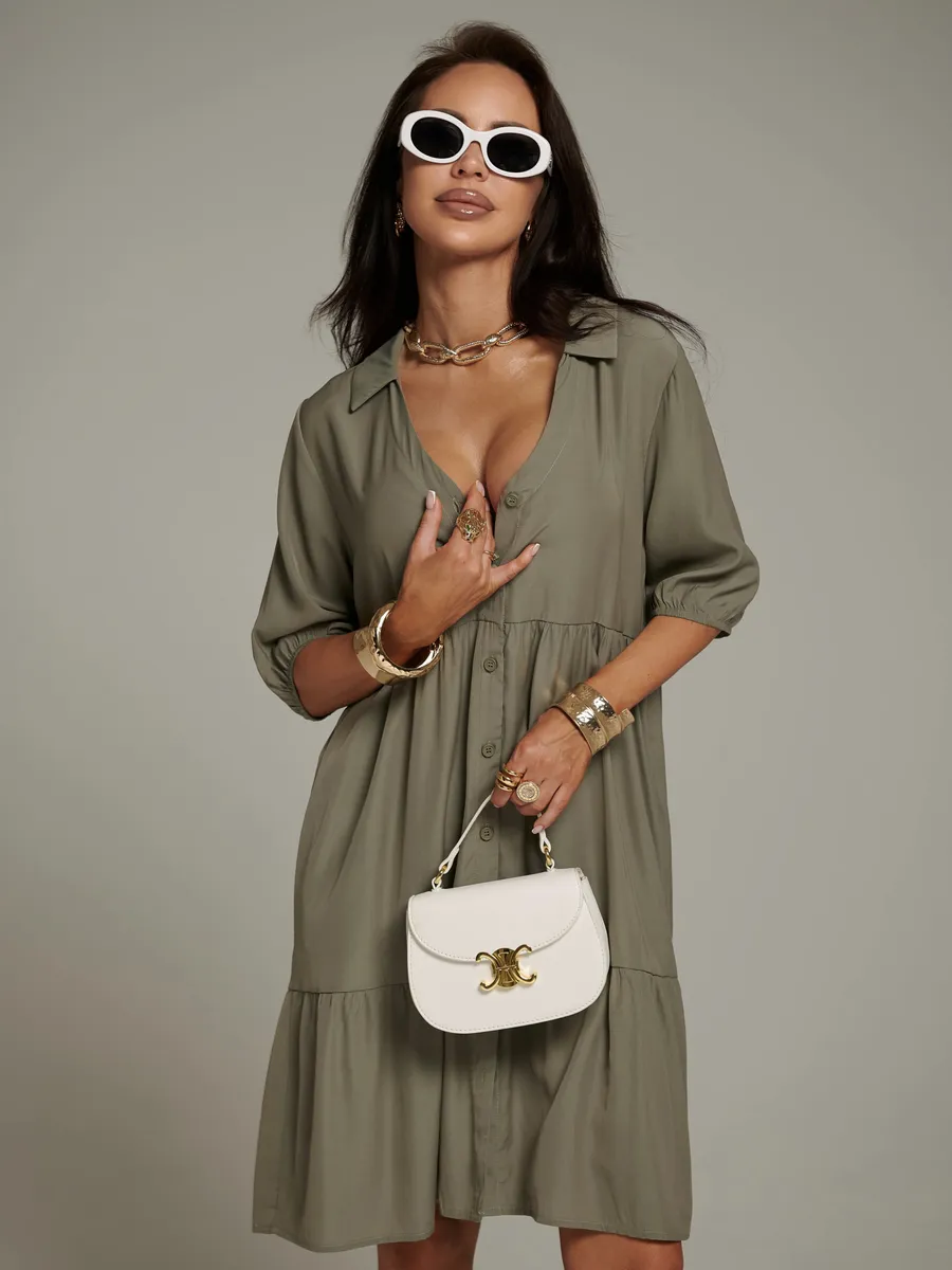 Шалфей меланж платье рубашка летнее ярусное