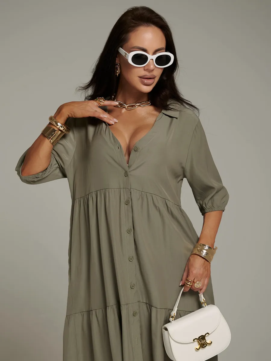 Шалфей меланж платье рубашка летнее ярусное