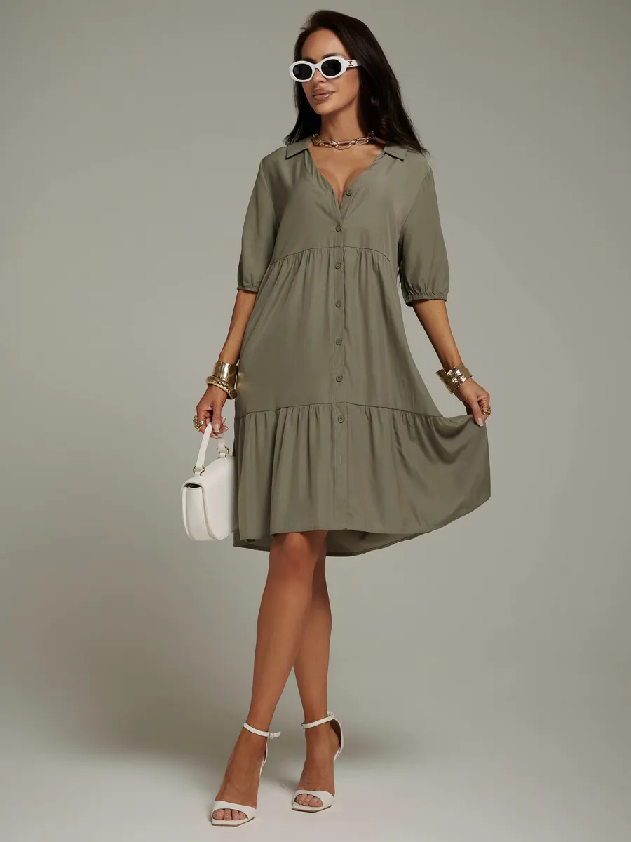 Шалфей меланж платье рубашка летнее ярусное