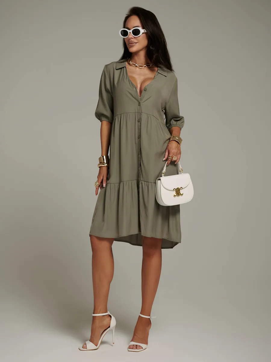 Шалфей меланж платье рубашка летнее ярусное