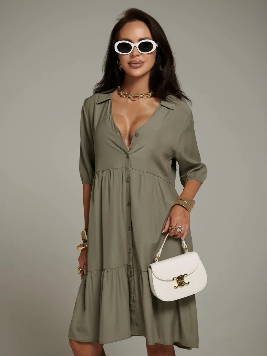 Шалфей меланж платье рубашка летнее ярусное