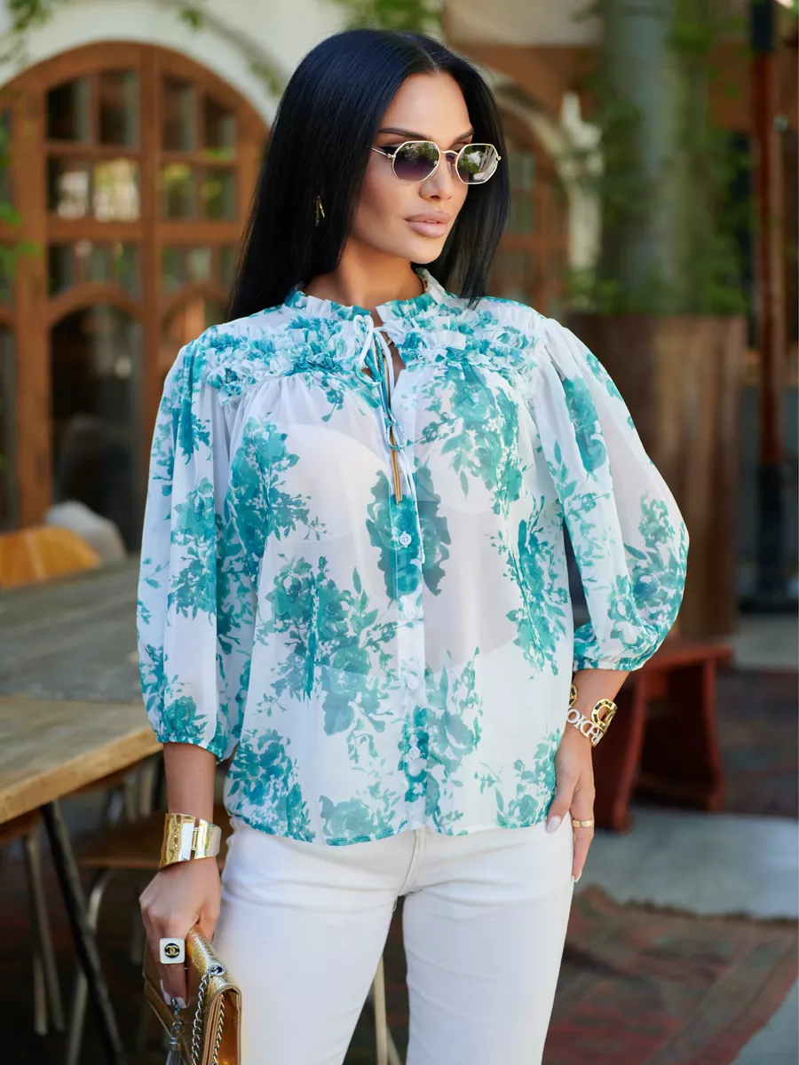 Блузка шифоновая с рюшами на завязках