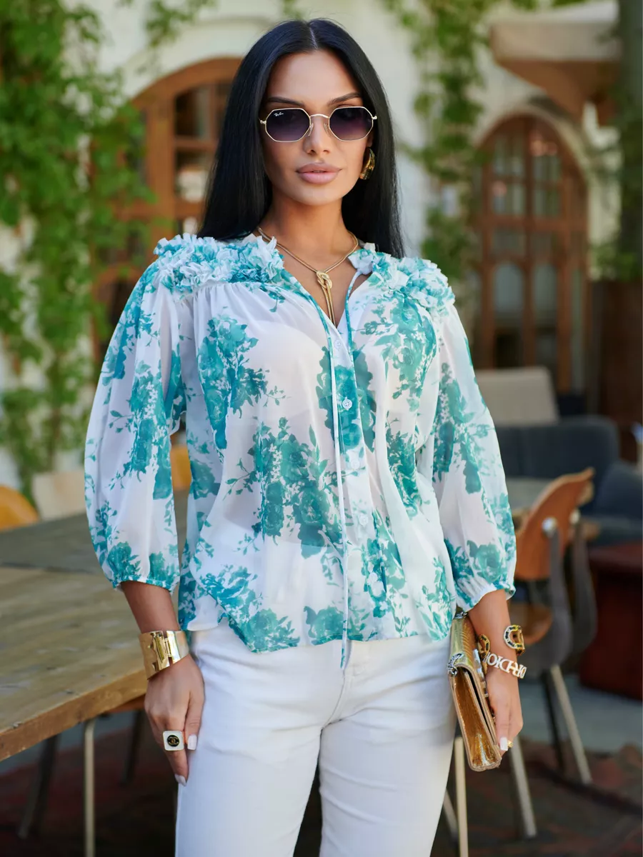 Зеленая блузка шифоновая с рюшами на завязках