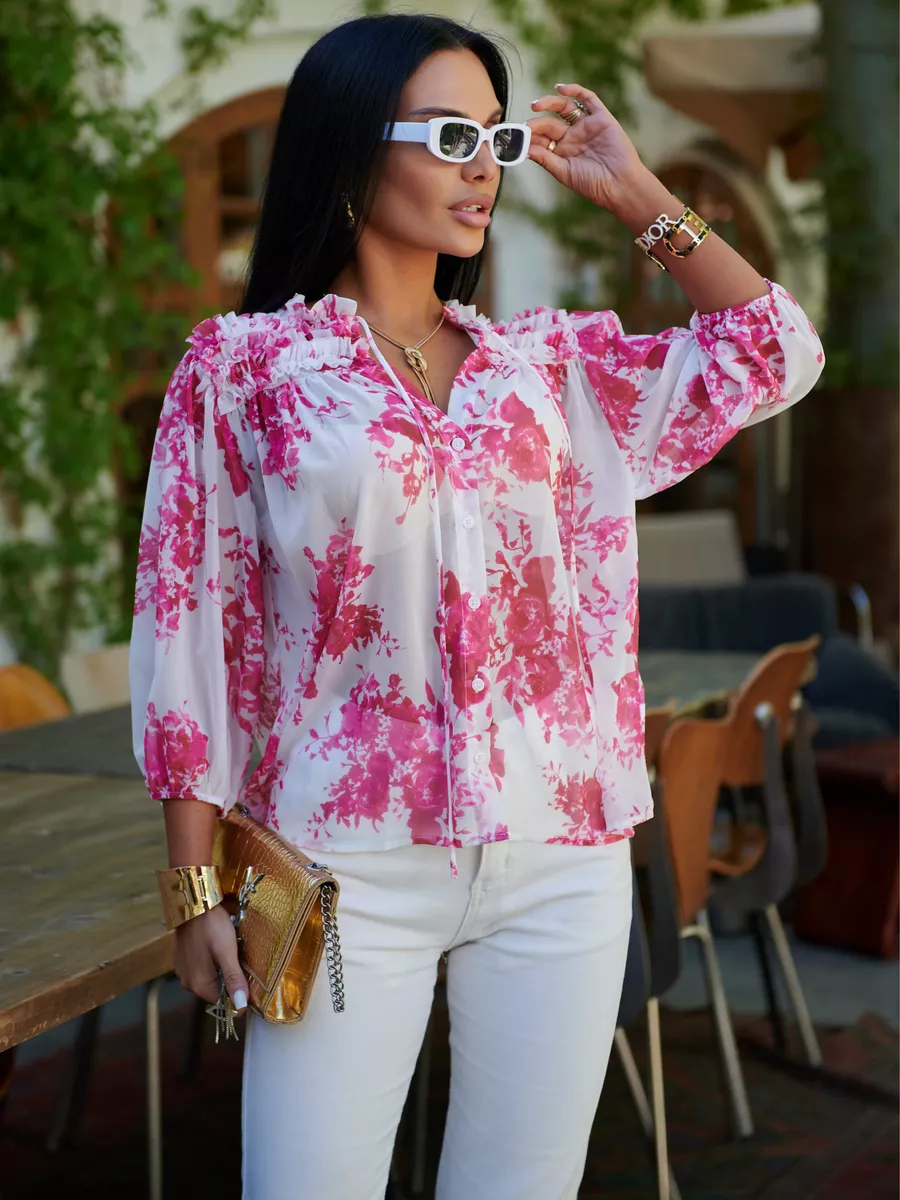 Блузка летняя фуксия шифоновая на завязках