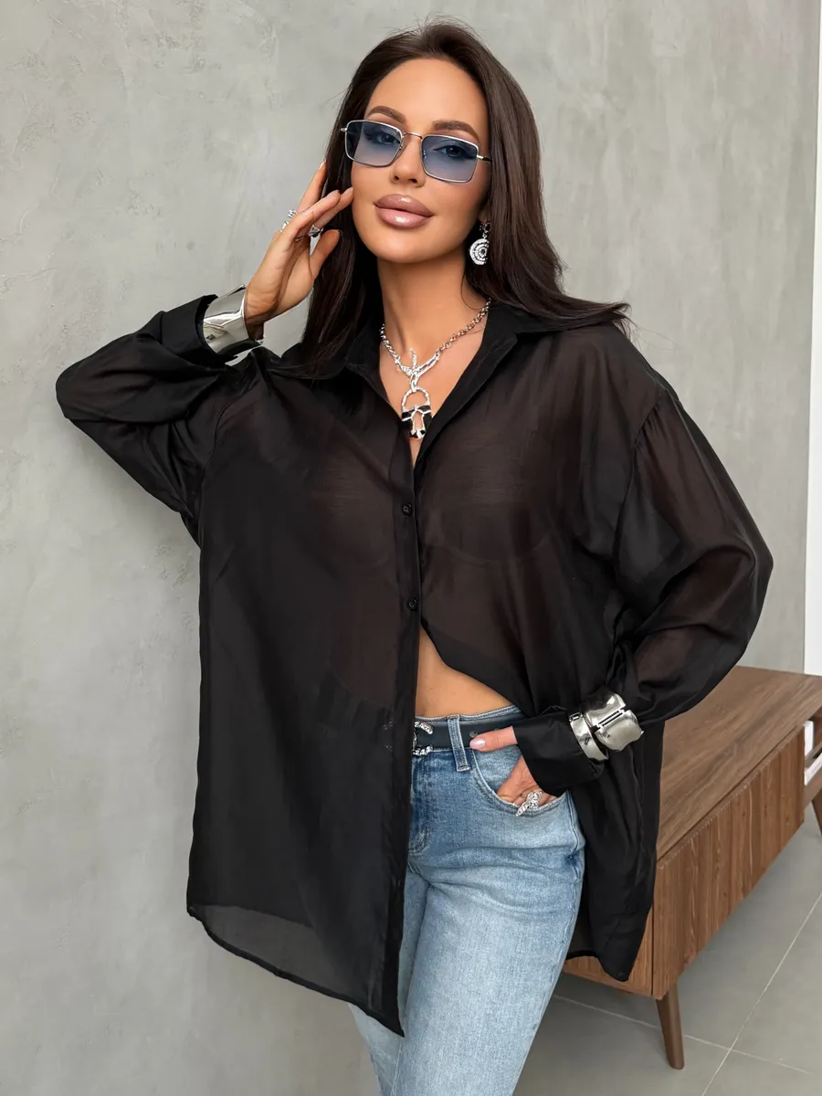 Черная рубашка оверсайз удлиненная