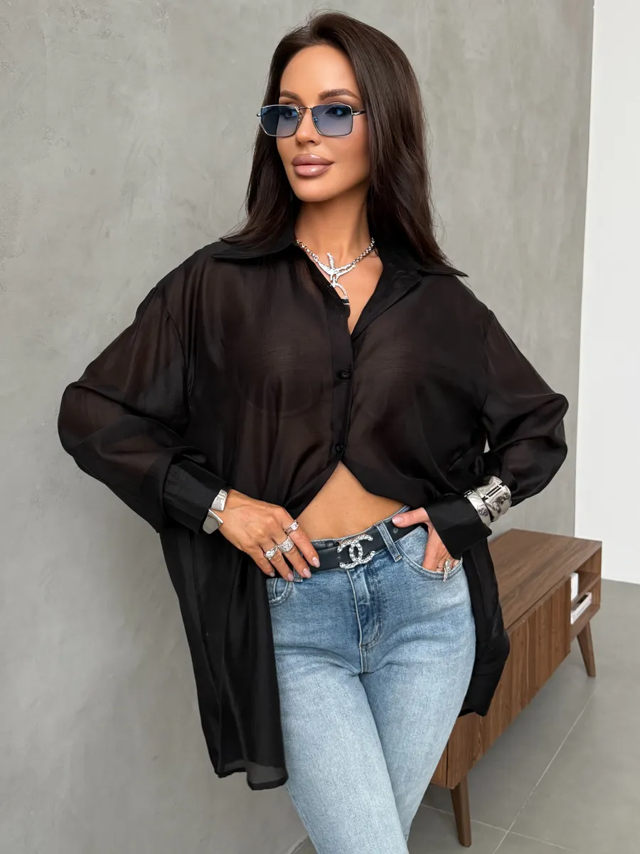 Черная рубашка оверсайз удлиненная