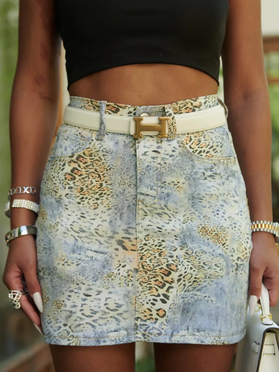 Леопардовая юбка летняя джинсовая леопард