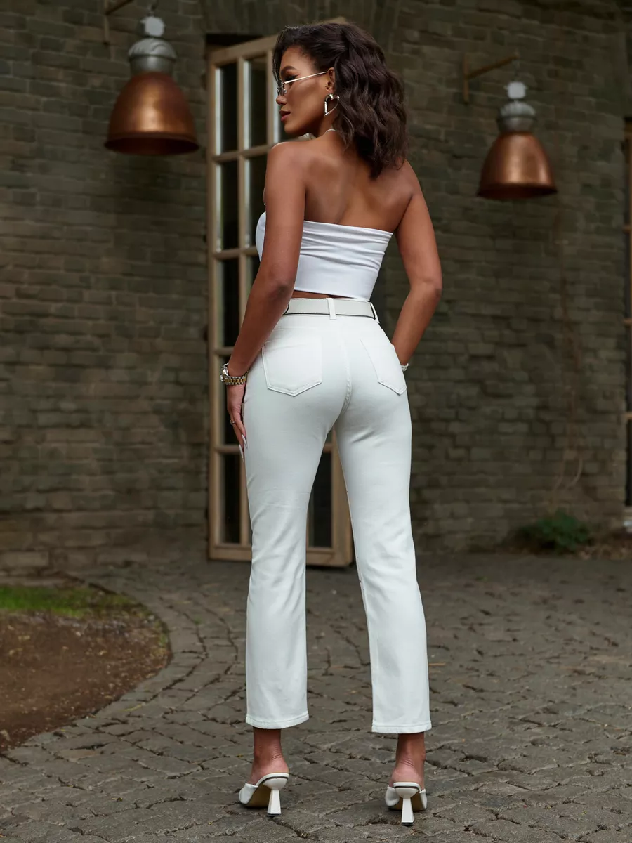 Джинсы прямые укороченные капри со стразами