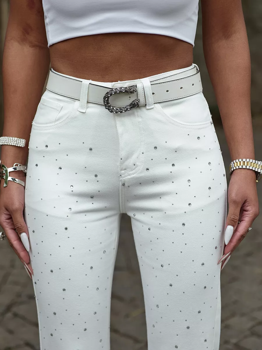 Джинсы прямые укороченные капри со стразами