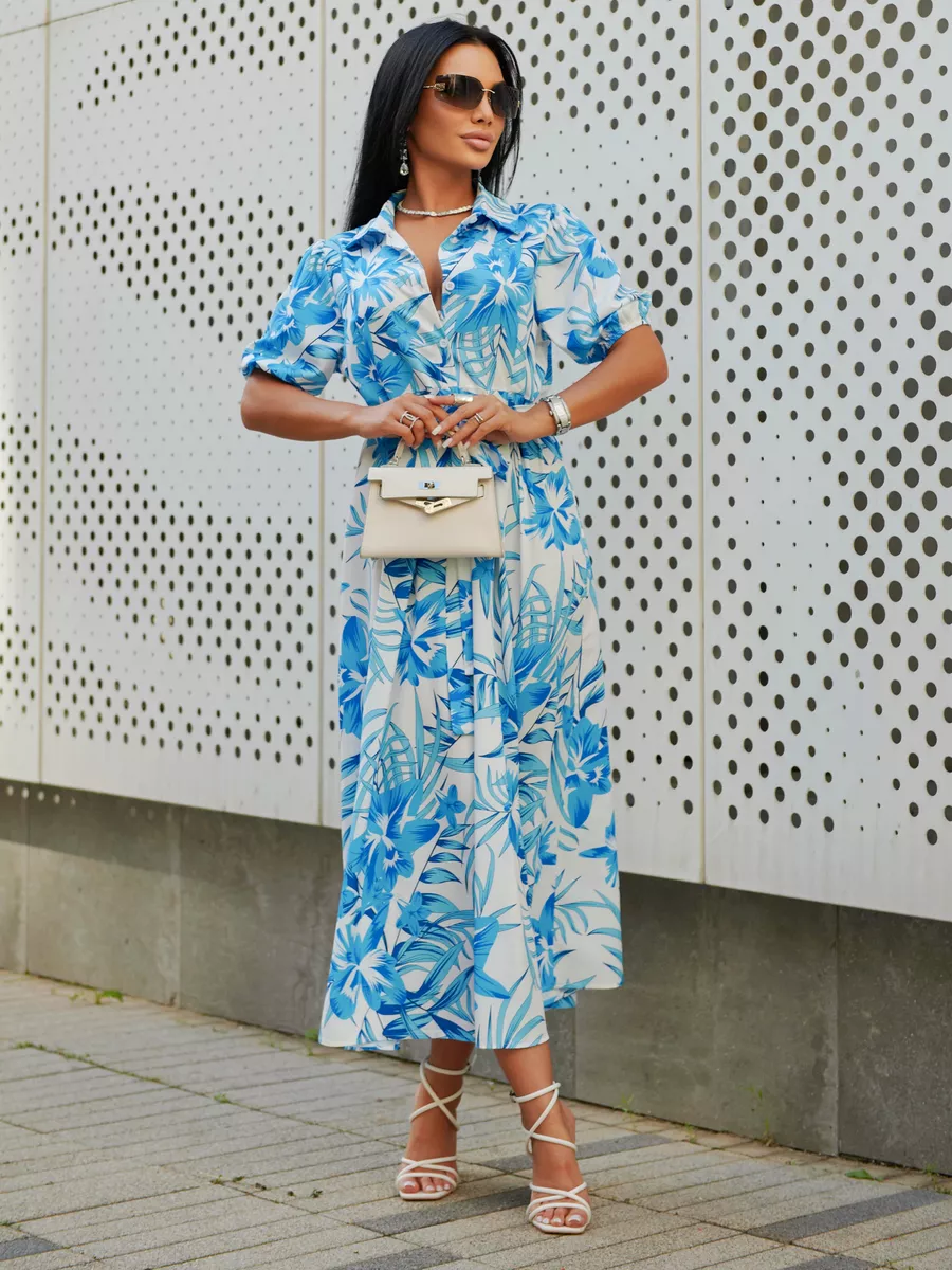 Белое платье рубашка летнее с цветочным принтом