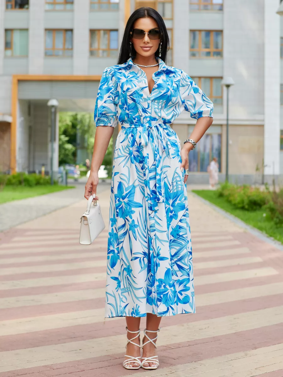 Белое платье рубашка летнее с цветочным принтом