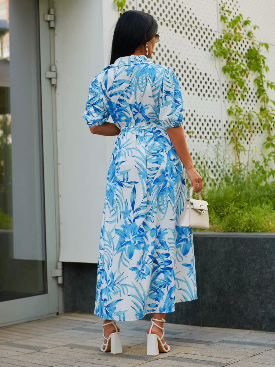 Белое платье рубашка летнее с цветочным принтом