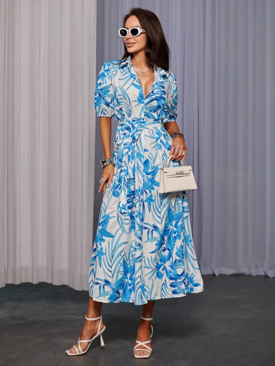 Белое платье рубашка летнее с цветочным принтом