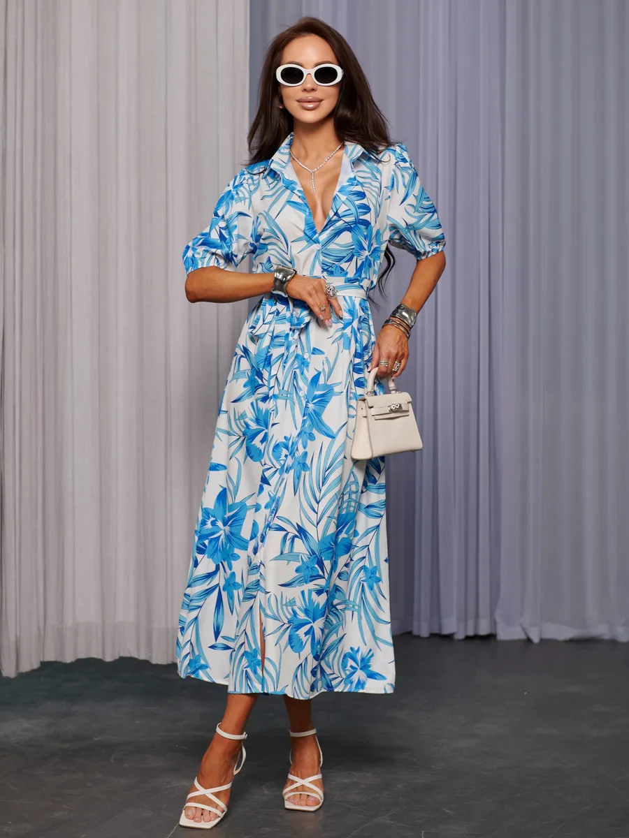 Белое платье рубашка летнее с цветочным принтом