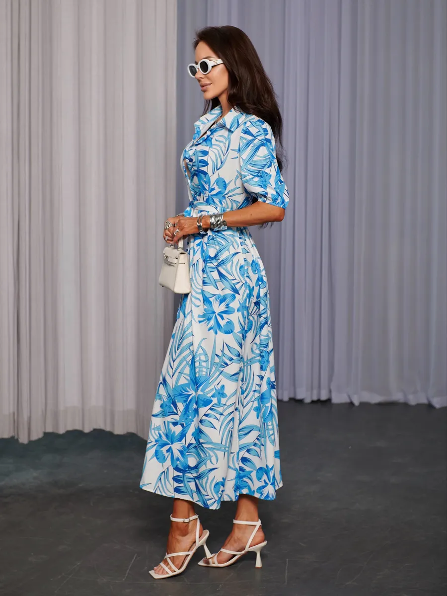 Белое платье рубашка летнее с цветочным принтом