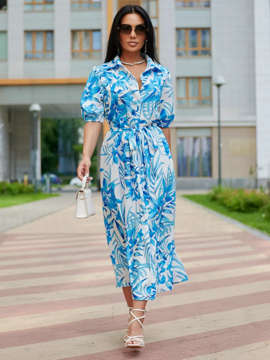 Белое платье рубашка летнее с цветочным принтом