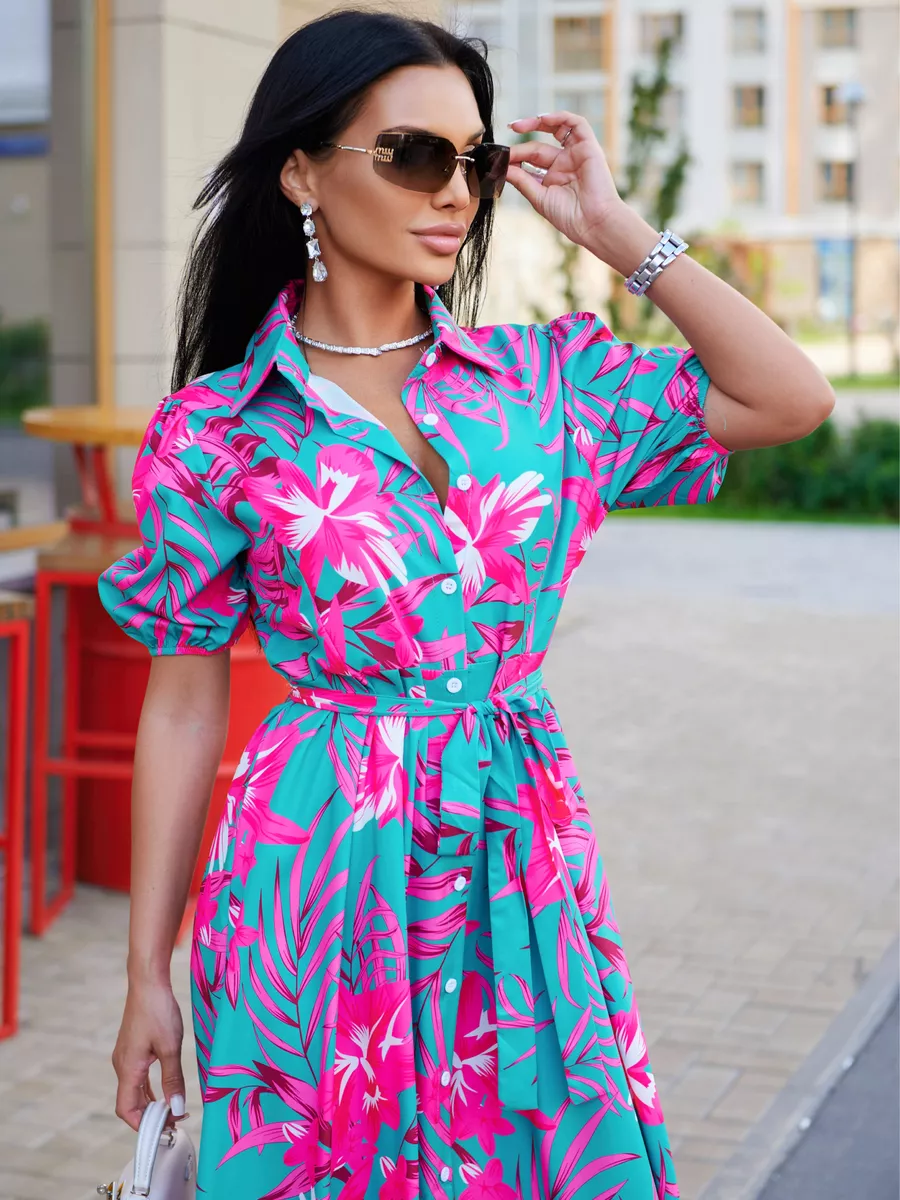 Фуксия платье рубашка летнее с цветочным принтом