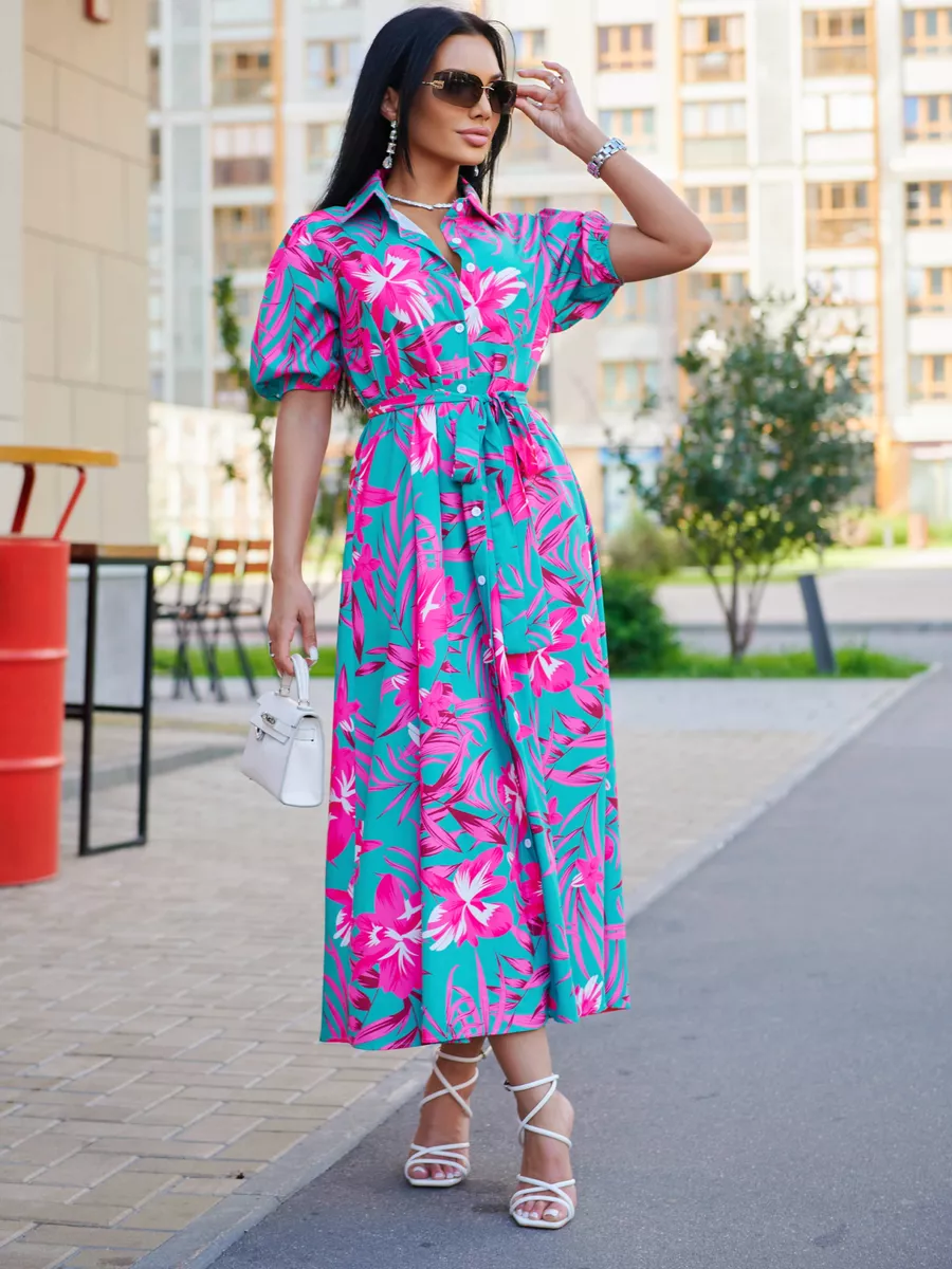 Фуксия платье рубашка летнее с цветочным принтом