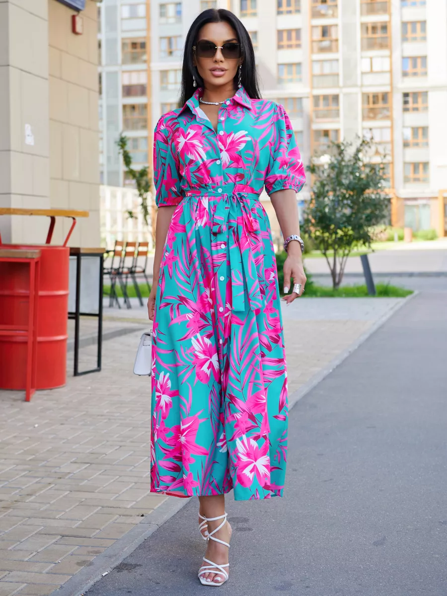 Фуксия платье рубашка летнее с цветочным принтом