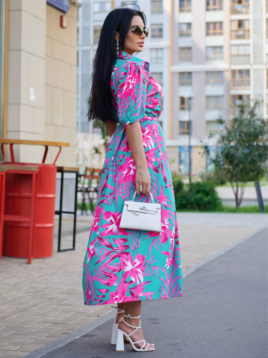 Фуксия платье рубашка летнее с цветочным принтом