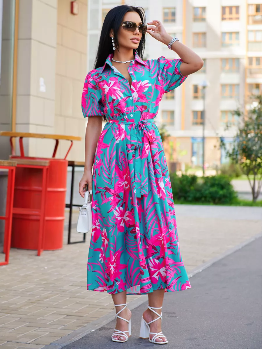 Фуксия платье рубашка летнее с цветочным принтом