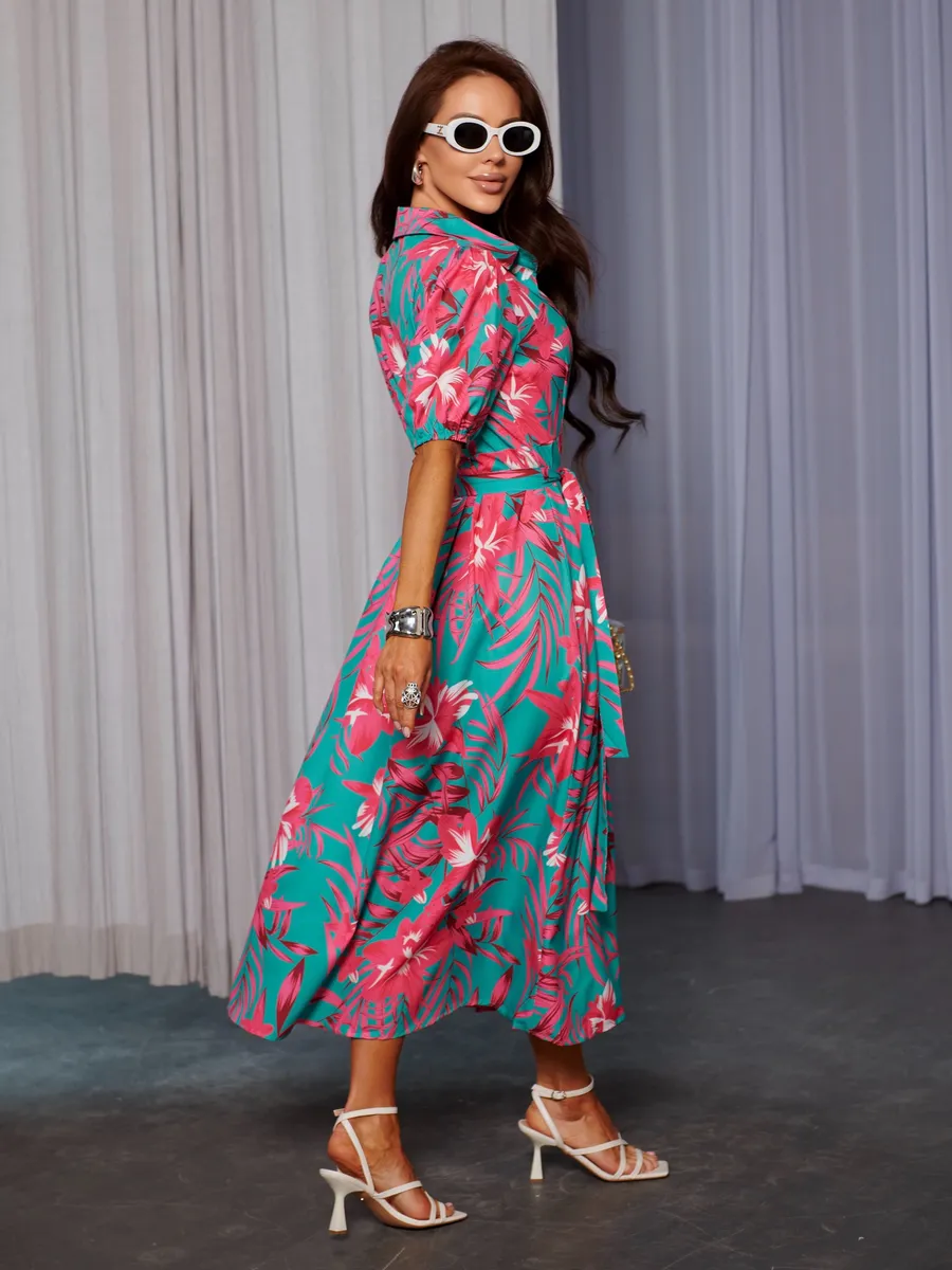 Фуксия платье рубашка летнее с цветочным принтом