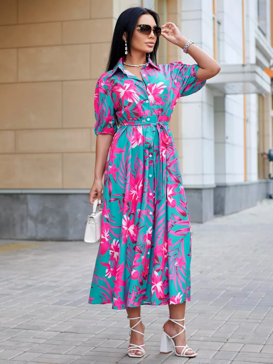 Фуксия платье рубашка летнее с цветочным принтом
