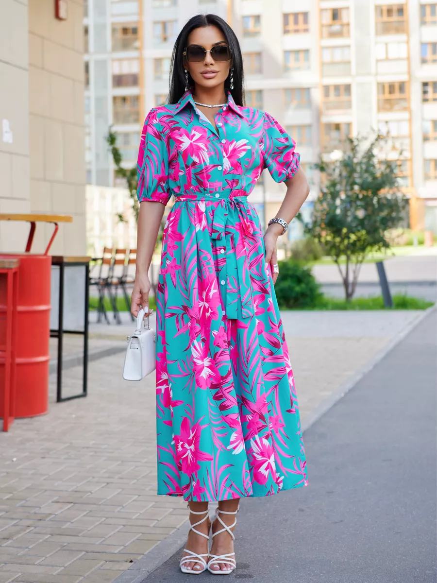 Фуксия платье рубашка летнее с цветочным принтом
