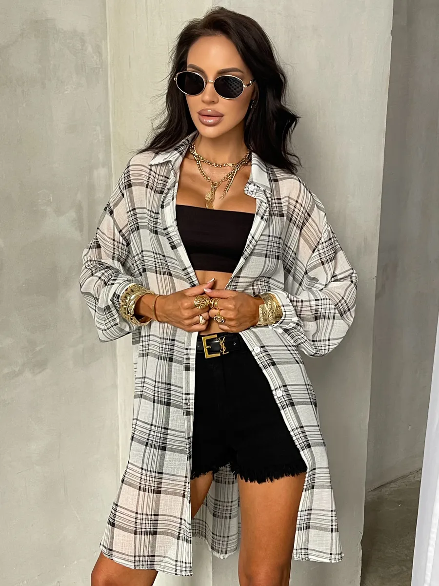 Черная рубашка оверсайз удлиненная в клетку