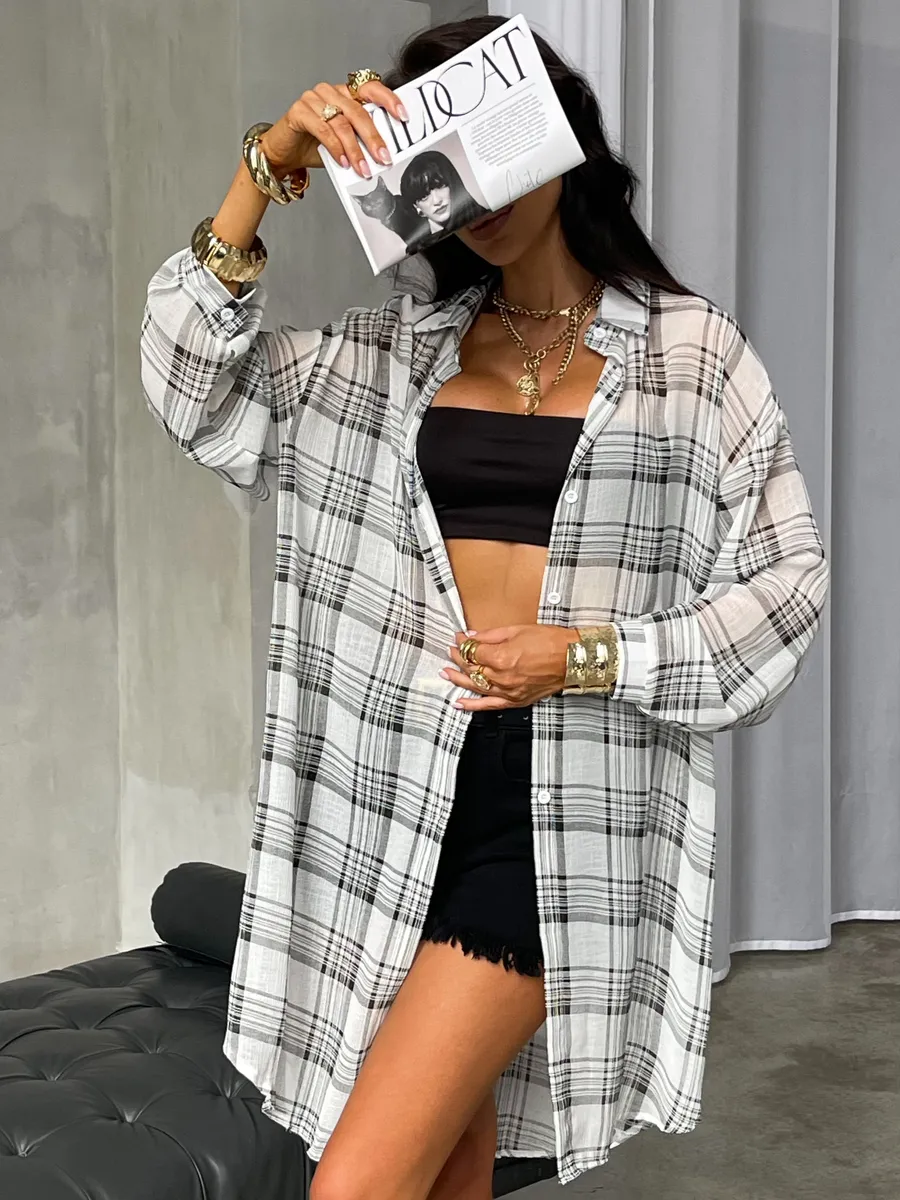 Черная рубашка оверсайз удлиненная в клетку