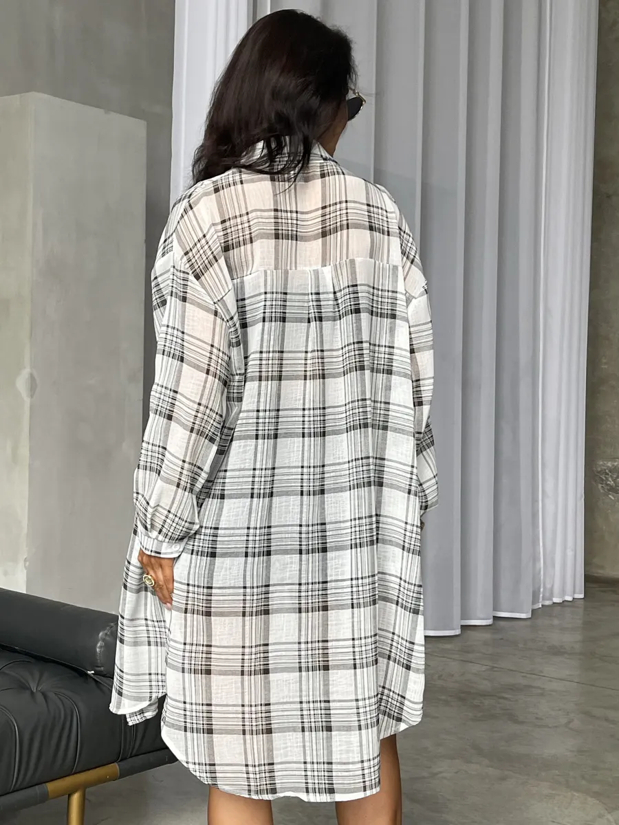 Черная рубашка оверсайз удлиненная в клетку