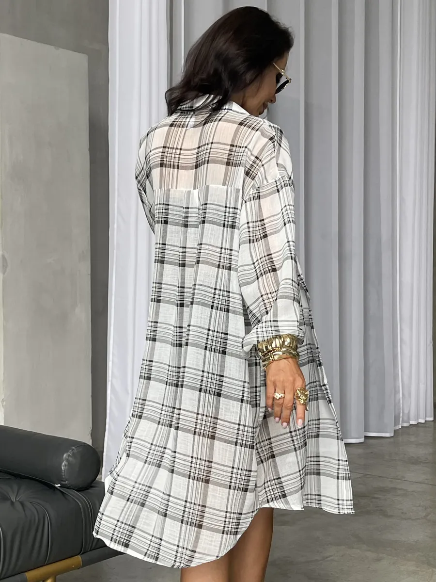 Черная рубашка оверсайз удлиненная в клетку