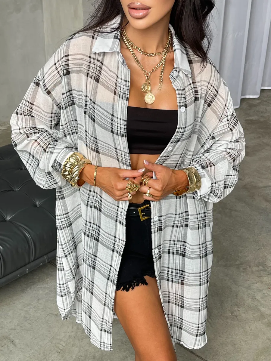 Черная рубашка оверсайз удлиненная в клетку