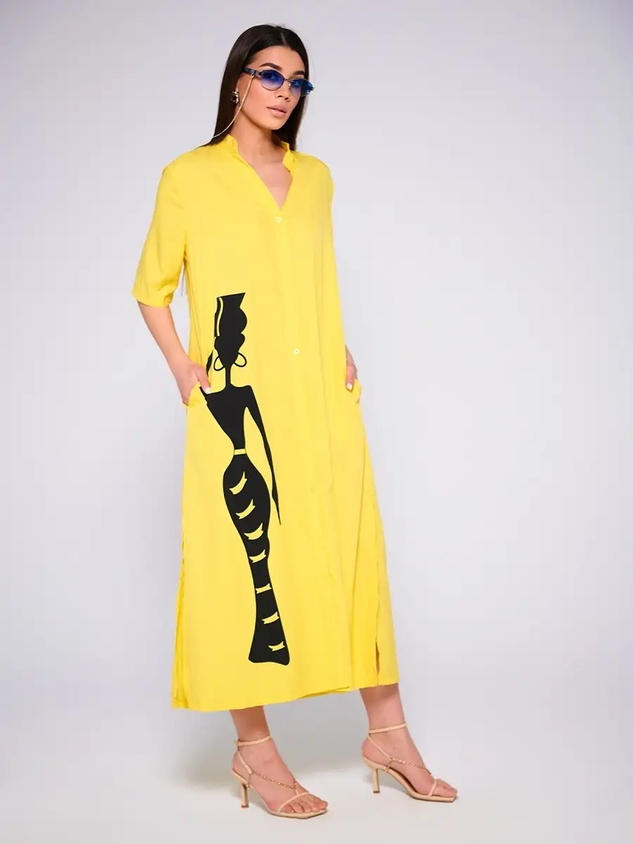 Желтое платье рубашка летнее женское