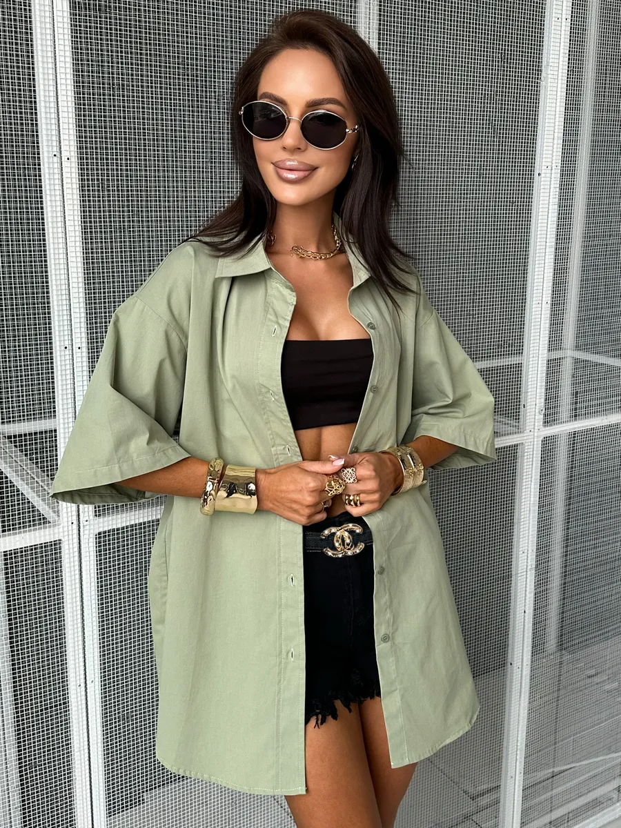 Хаки рубашка оверсайз удлиненная