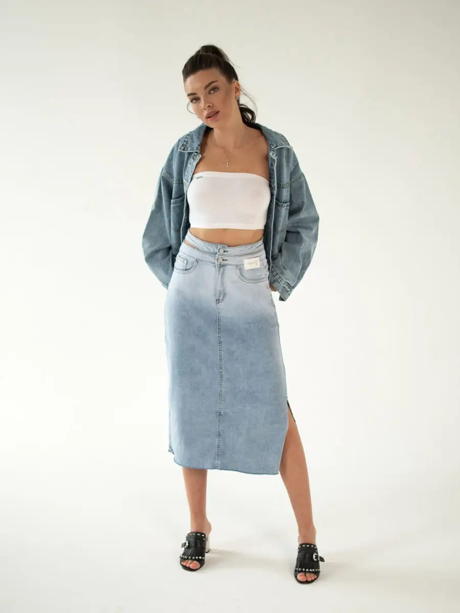 Голубино-синяя юбка джинсовая женская деним юбка